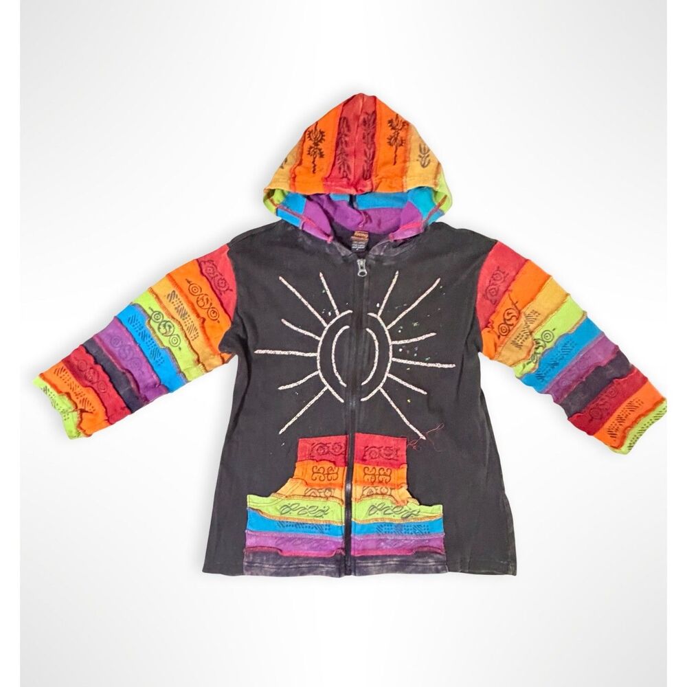 Rising International, Black Rainbow Sun Painted Hoodie, L Fairy Grunge Festival